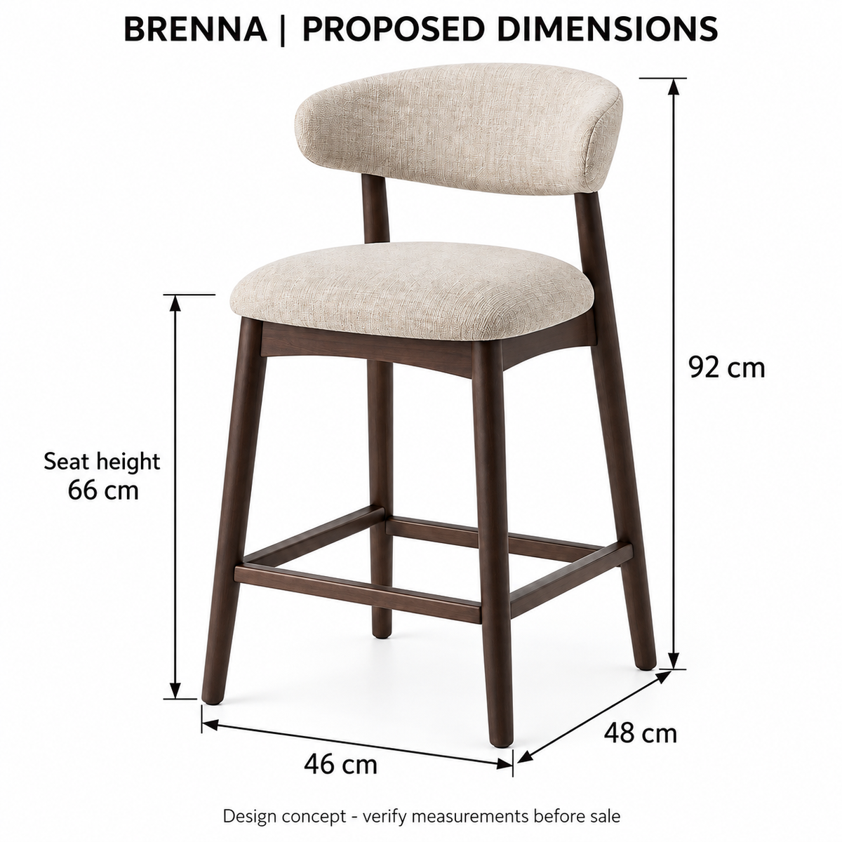 Brenna Curved-Back Counter Stool - proposed dimensions, design illustration