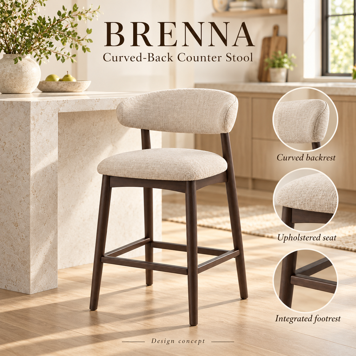 Brenna Curved-Back Counter Stool - styled introduction, design illustration