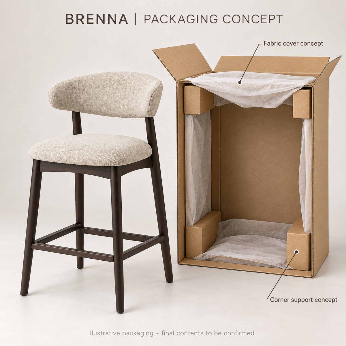 Brenna Curved-Back Counter Stool - packaging concept, design illustration