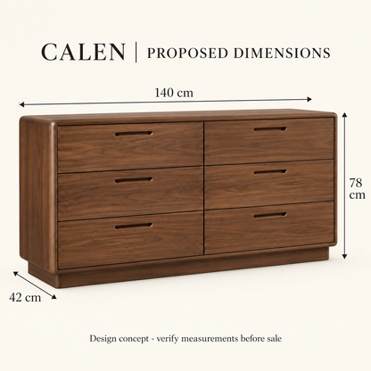 Calen Six-Drawer Dresser - proposed dimensions, design illustration
