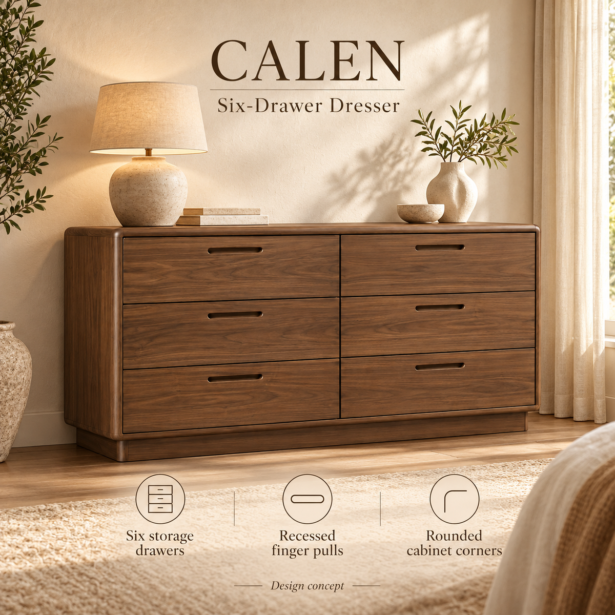 Calen Six-Drawer Dresser - styled introduction, design illustration