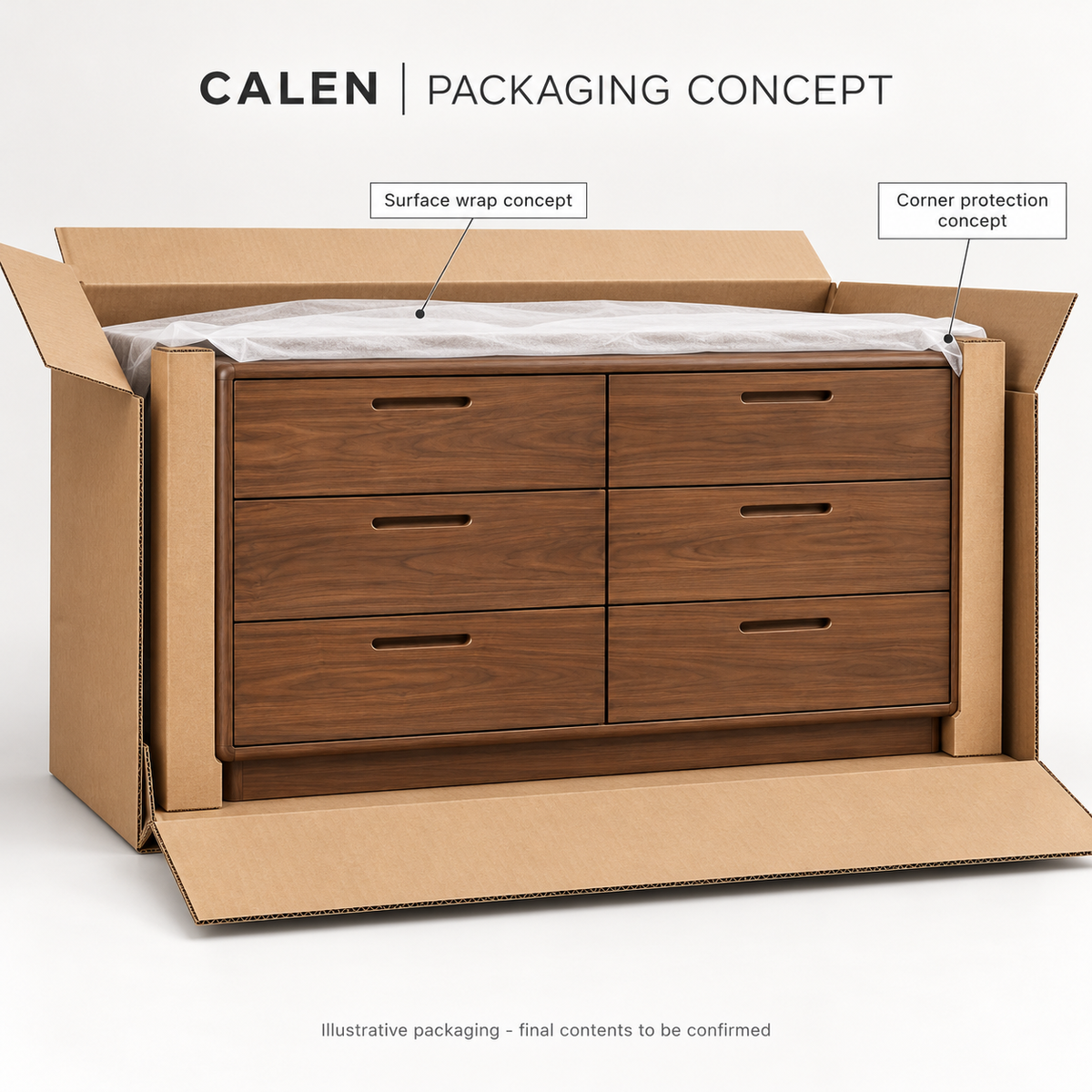 Calen Six-Drawer Dresser - packaging concept, design illustration