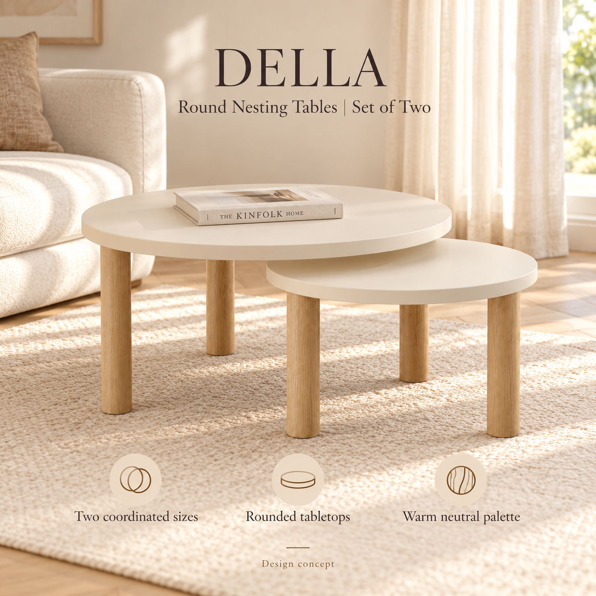 Della Round Nesting Tables - Set of Two - styled introduction, design illustration