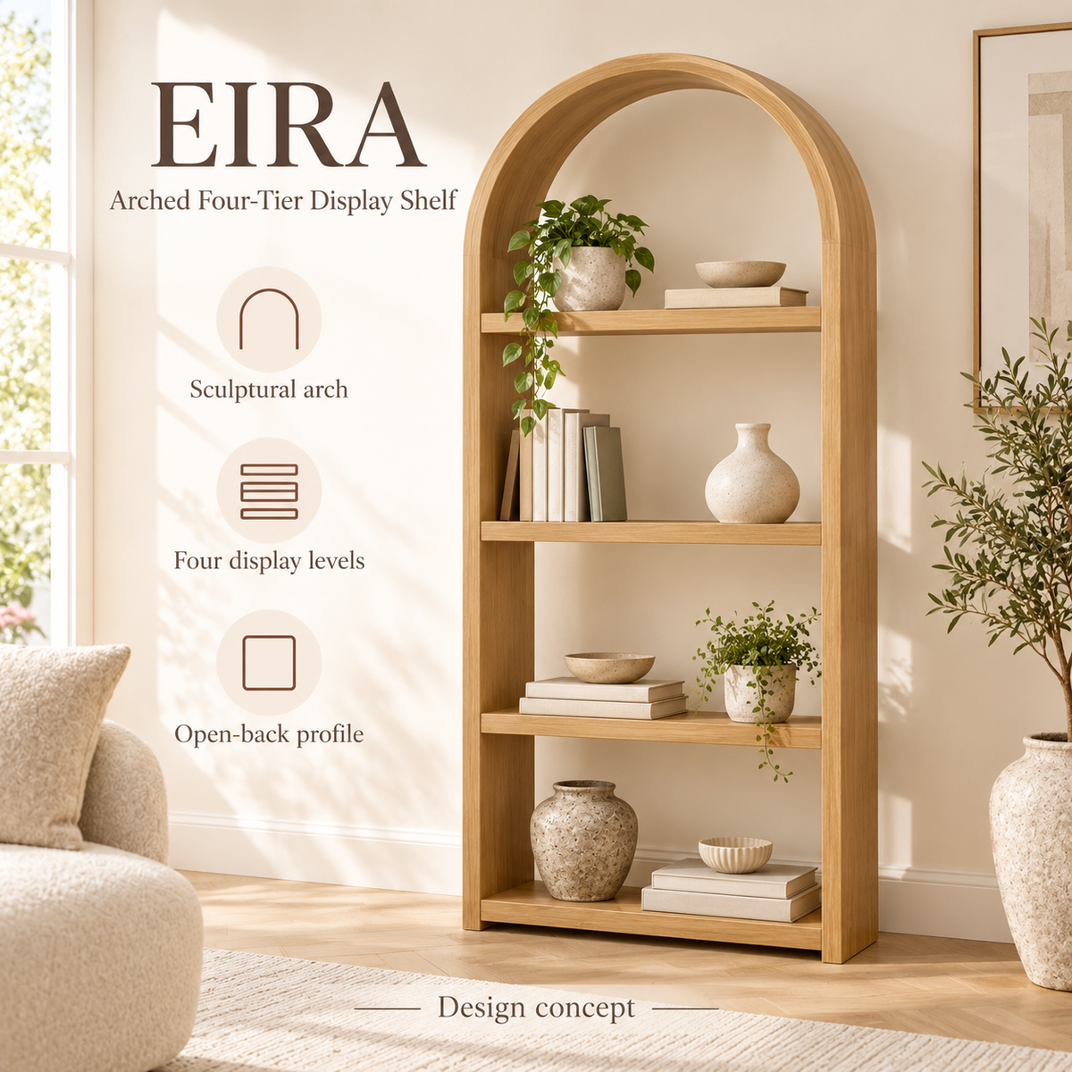 Eira Arched Four-Tier Display Shelf - styled introduction, design illustration