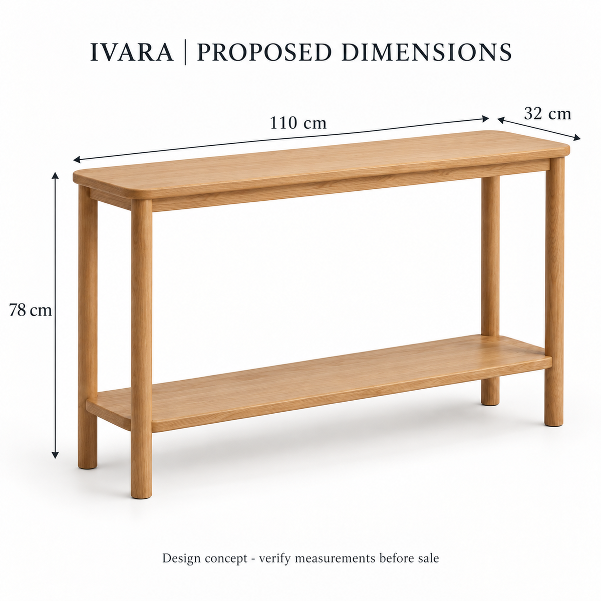 Ivara Two-Tier Console Table - proposed dimensions, design illustration