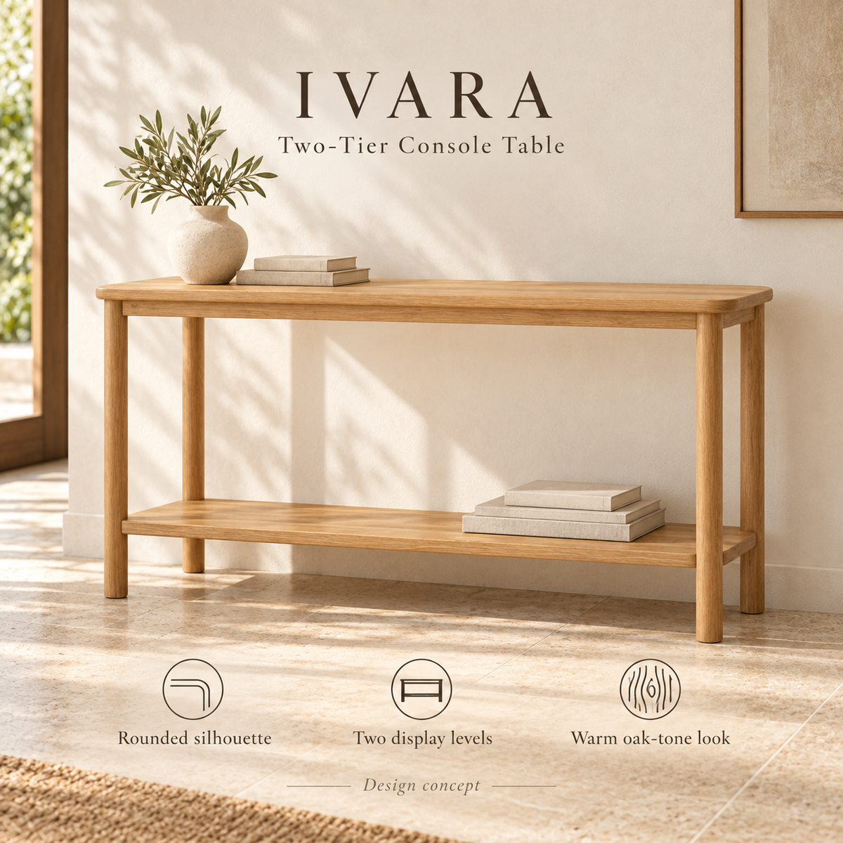Ivara Two-Tier Console Table - styled introduction, design illustration