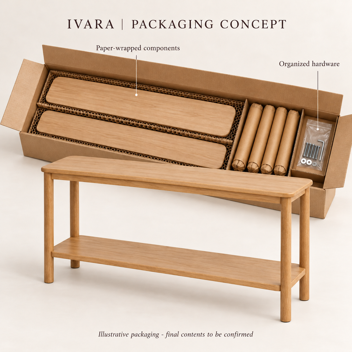 Ivara Two-Tier Console Table - packaging concept, design illustration