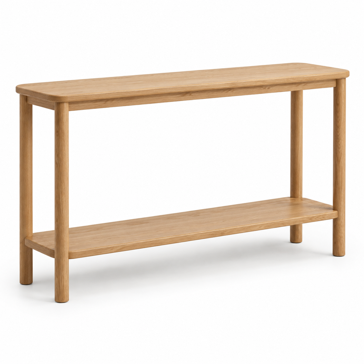 Ivara oak-tone two-tier console table on a white background - design illustration