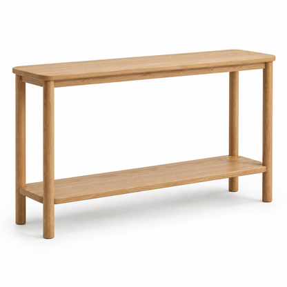 Ivara oak-tone two-tier console table on a white background - design illustration